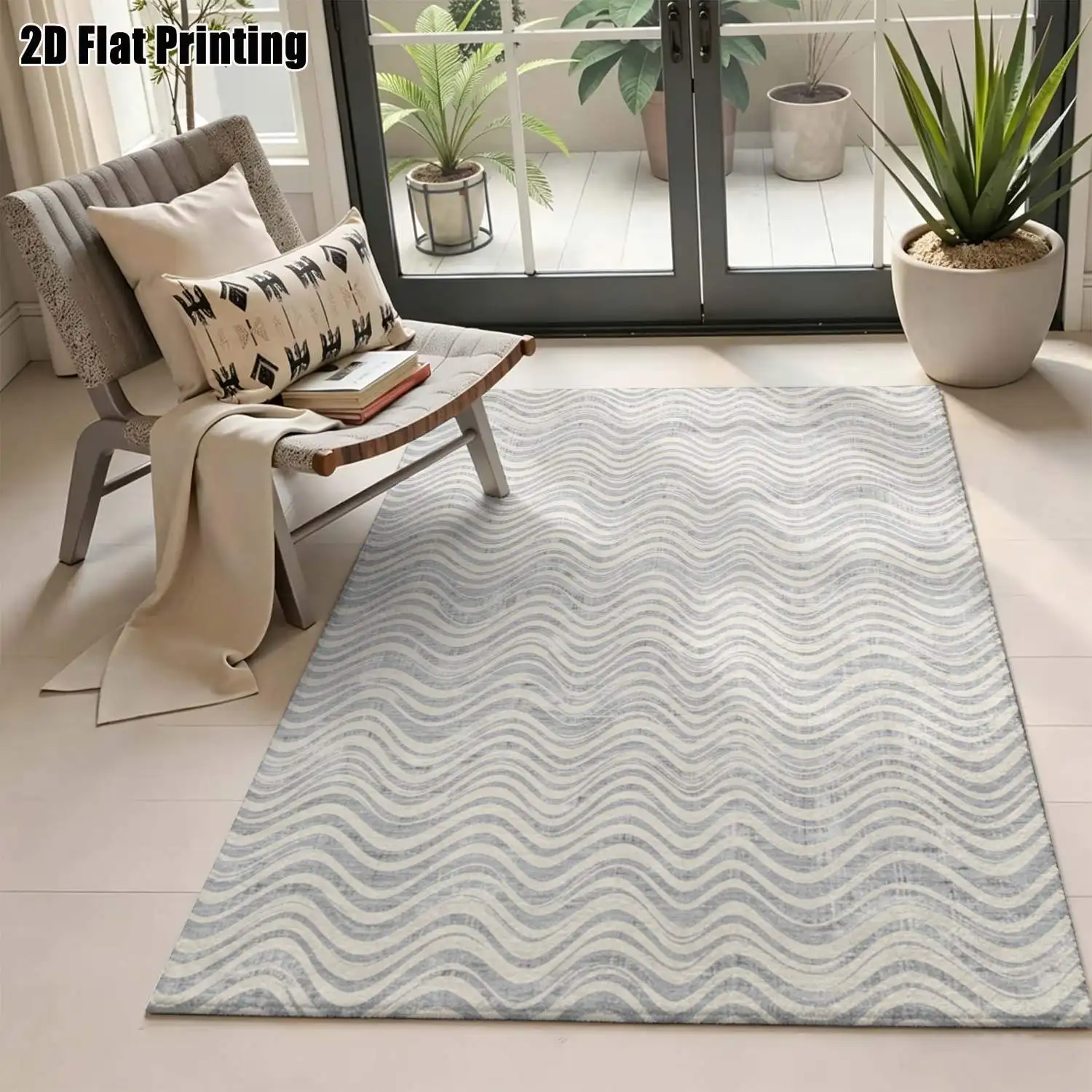 1Pc 2D Printed Gray Wave Pattern Nordic Carpet, Machine Washable, Multi-Size for Home Decor, Multi-Scene Use