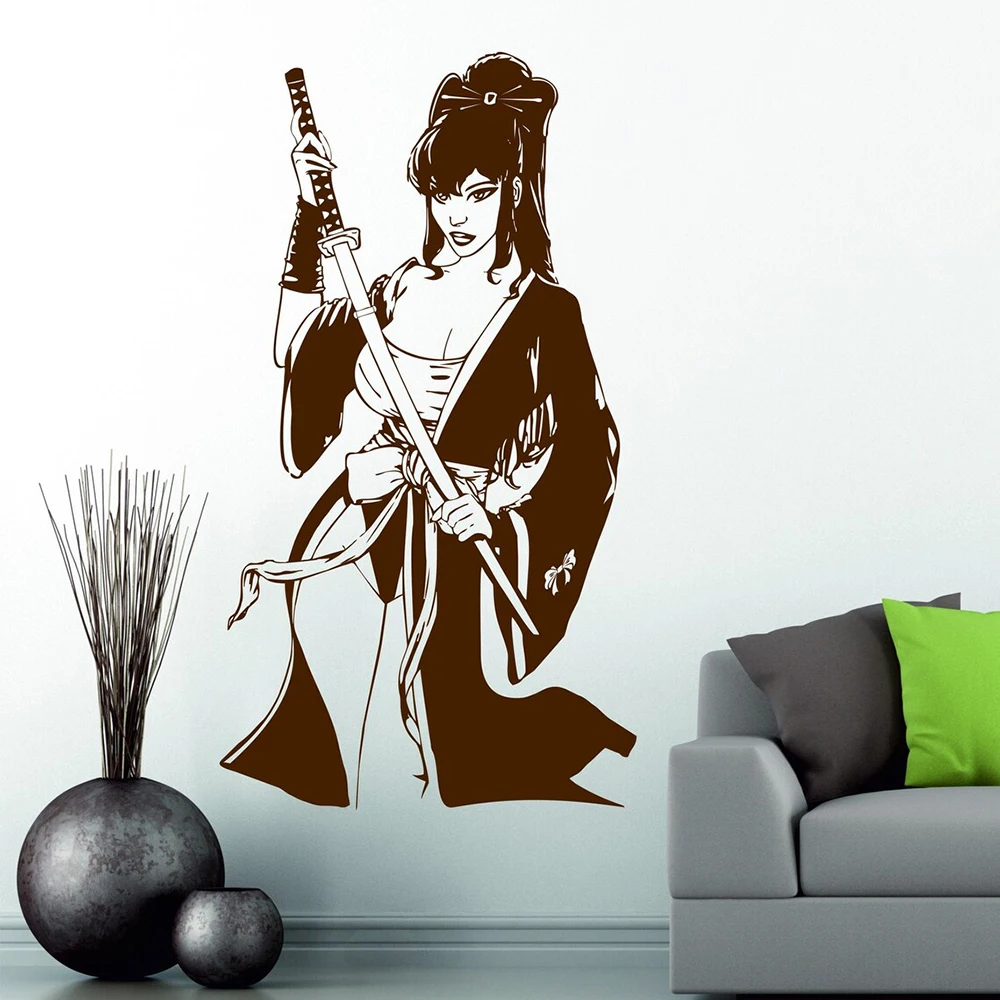 Vinyl Wall Decal Geisha Katana Swords Japanese MANGA Wall Sticker ANIME Decorative Removable Art Home Room Decor Decal A240