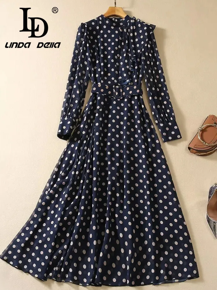 Ld linda della-vestido longo chiffon para mulheres, vestido casual barato, manga longa, ponto de onda, slim fit, para viagens, outono, 2022