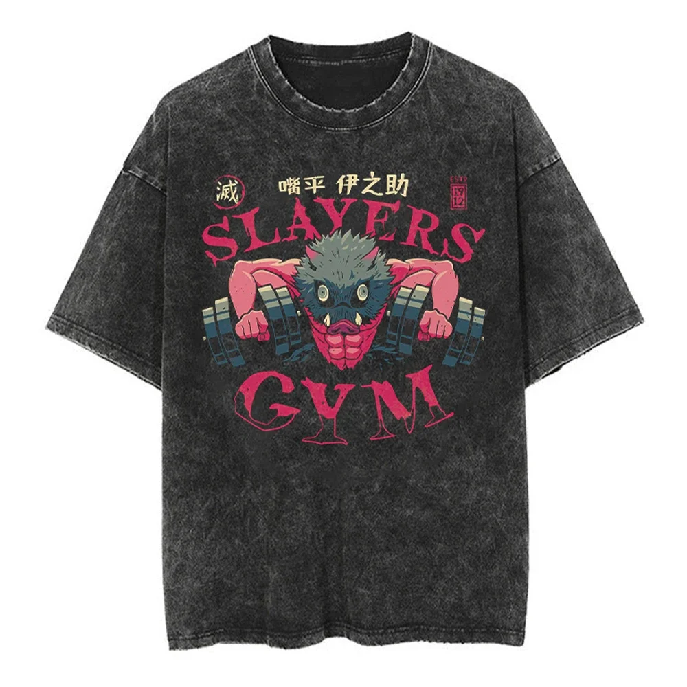 Printed Washed Tshirt Anime Demon Slayer Cotton Men Vintage Washed T-Shirt Graphic Tshirt Streetwear Tees Summer Casual Clothes