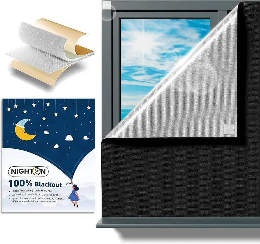 

Portable Blackout Curtains 40"×57" Strong Hook and Loop Tape Strips with Adhesi e,Blackout Shades That can be Cut,100% Blackout