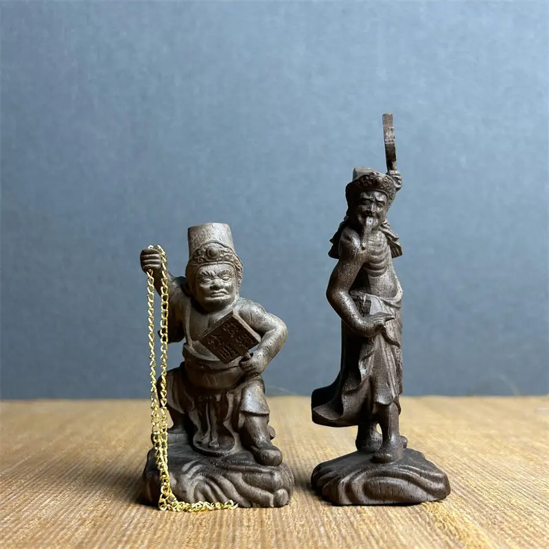 Natural Agarwood Carved Black White Gods Statue Qi Ye Ba Ye Divine Figurine Home Desktop Decoration Worship Ornament