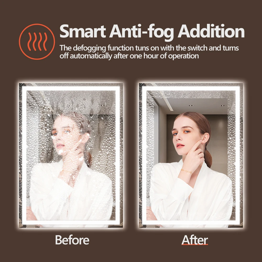 Rizzon 60x36 Inches Smart Anti-Fog LED Bath Mirror with Backlight and Front Light, 3-Color and Dimmable, Brightness Memory