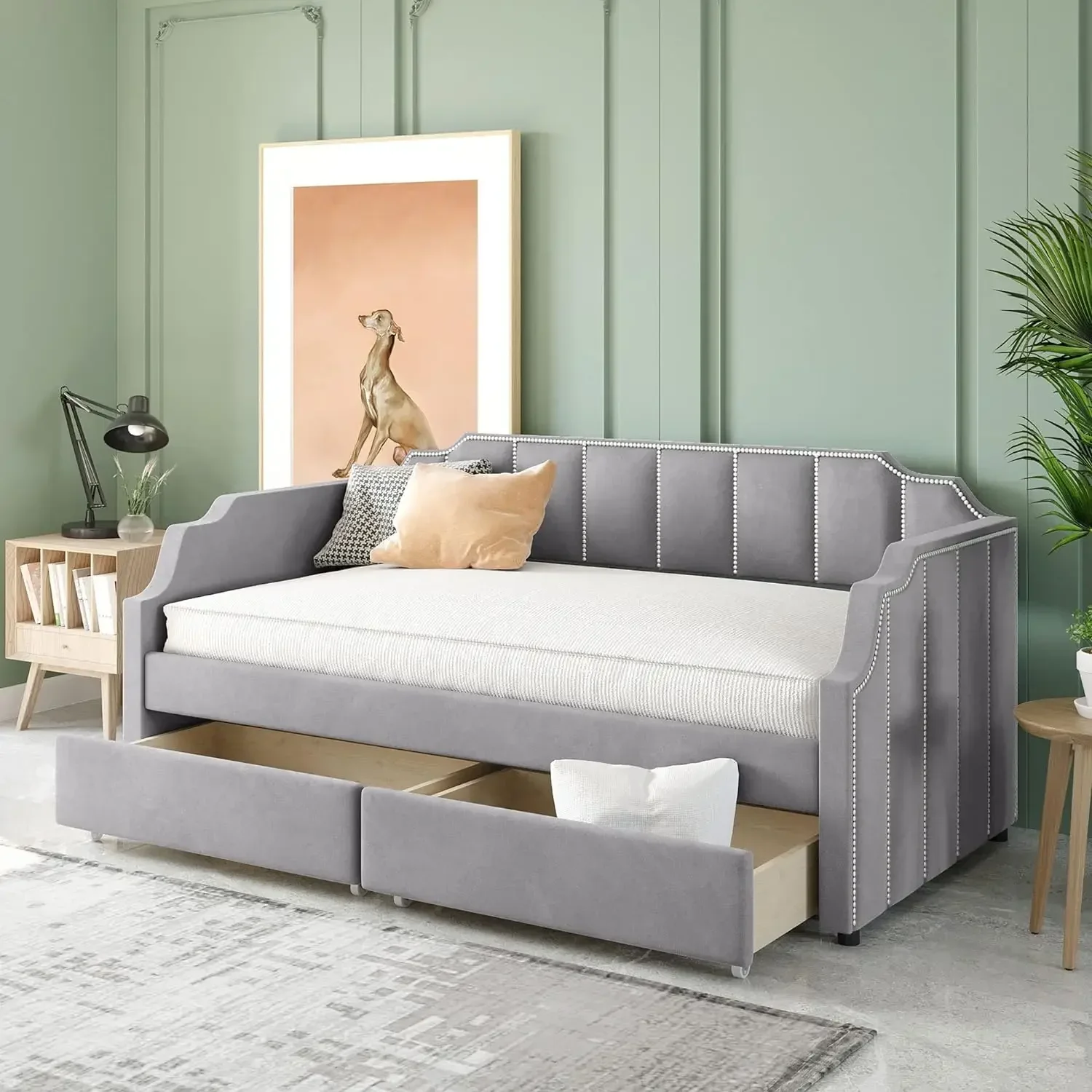 Daybed with Storage,Upholstered Day Bed with 2 Drawers for Bedroom Living Room,Wood Slat Support,No Spring Box Need