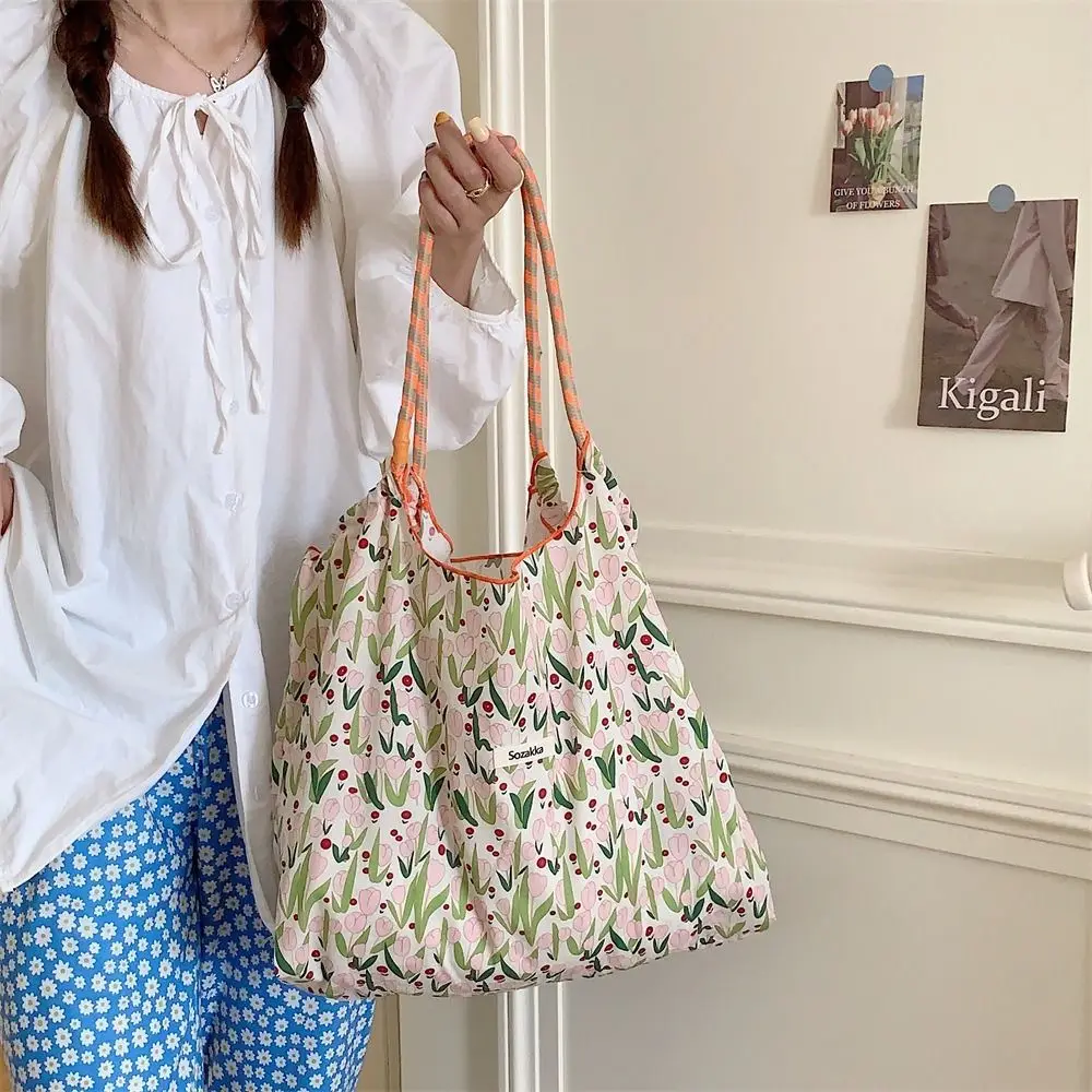 Floral Printed Canvas Shoulder Bag Portable Reusable Large Capacity Drawstring Shopping Bag Handheld Cotton Travel Tote Bag