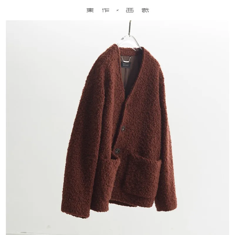 

Classic! Warm Large V-Neck Looped Wool Coat Mohair Wool Coat Autumn and Winter New Women's Loose Top
