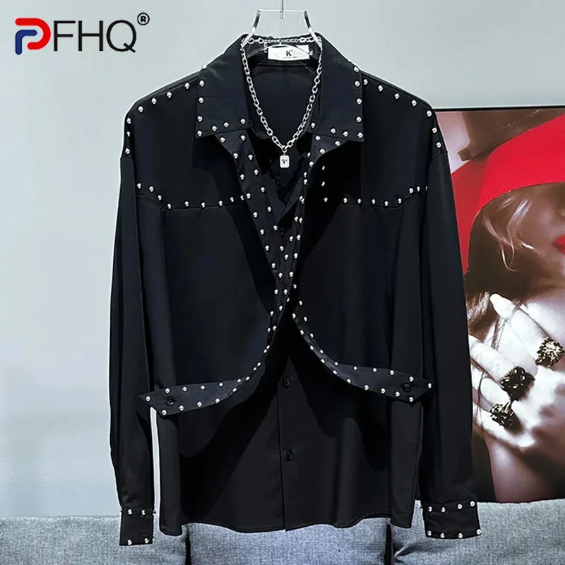 PFHQ Loose Trendy Metal Nail Decoration Niche Shirt New Casual Versatile 2024 Solid Color Long Sleeve Male Tops Fashion 21Z5420