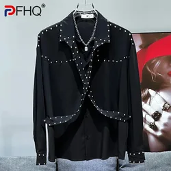 PFHQ Loose Trendy Metal Nail Decoration Niche Shirt New Casual Versatile 2024 Solid Color Long Sleeve Male Tops Fashion 21Z5420