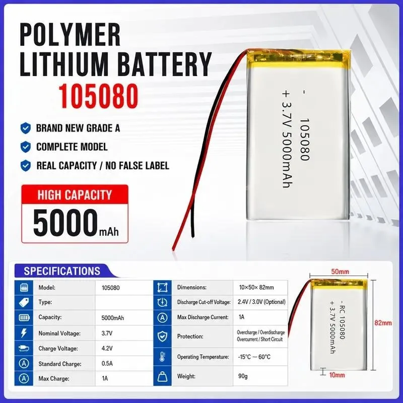 [New] 10pcs for 105080 5000mAh Polymer Lithium Battery 3.7V Rechargeable Li-ion Battery Cell Power Supply Source Manufacturer