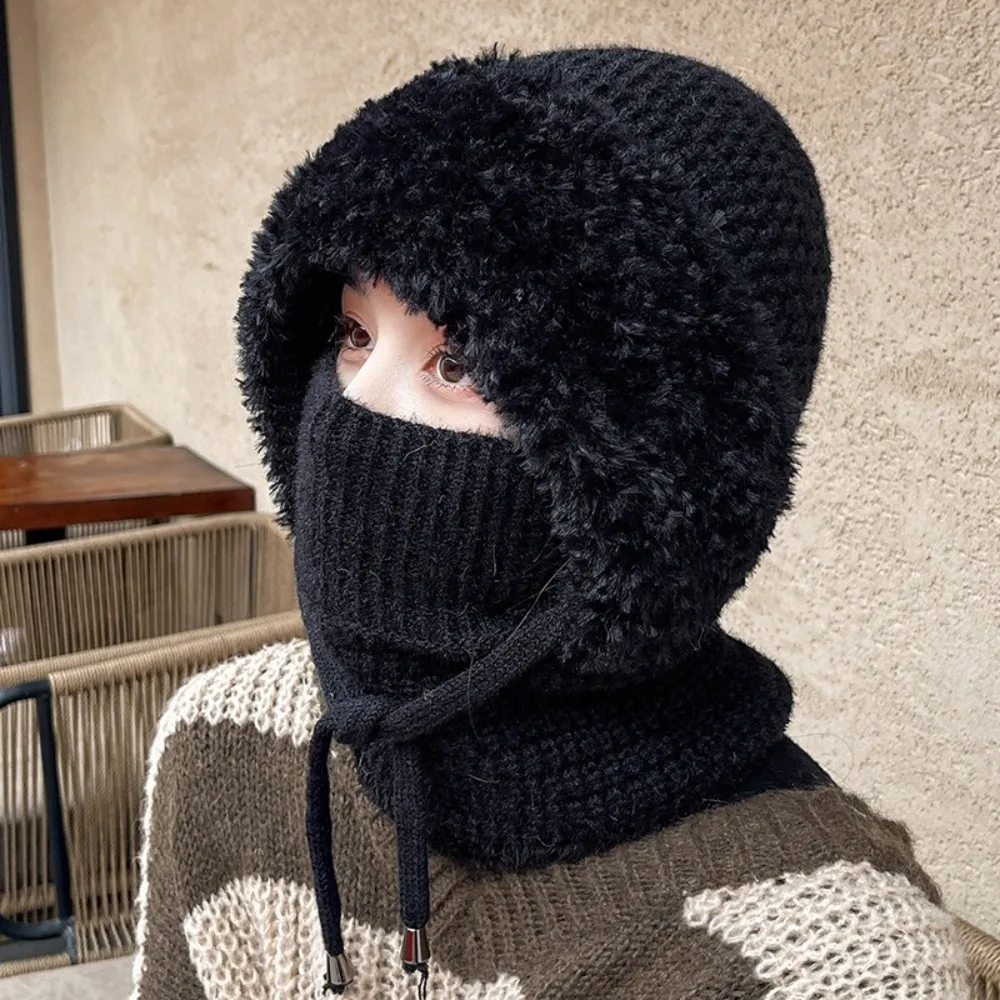 Simple Multi functional Balaclavas Hat Plush With Ties Knitted Beanies Hat Keep Warm Solid Color Mask Neck Cover Set Male