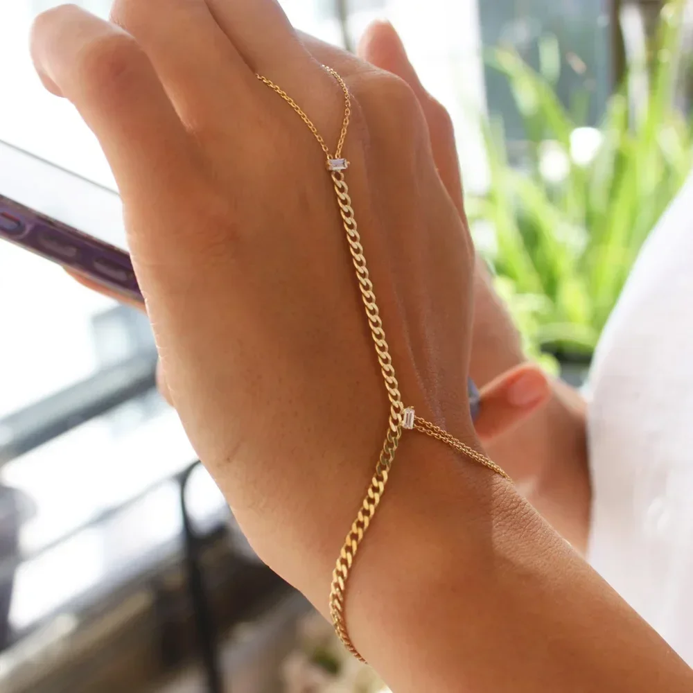 Fashion Metal Cuban Chain Bracelet Women High Jewelry Wristband Mittens  Finger Bracelet Hand Accessories Charm Party Gift