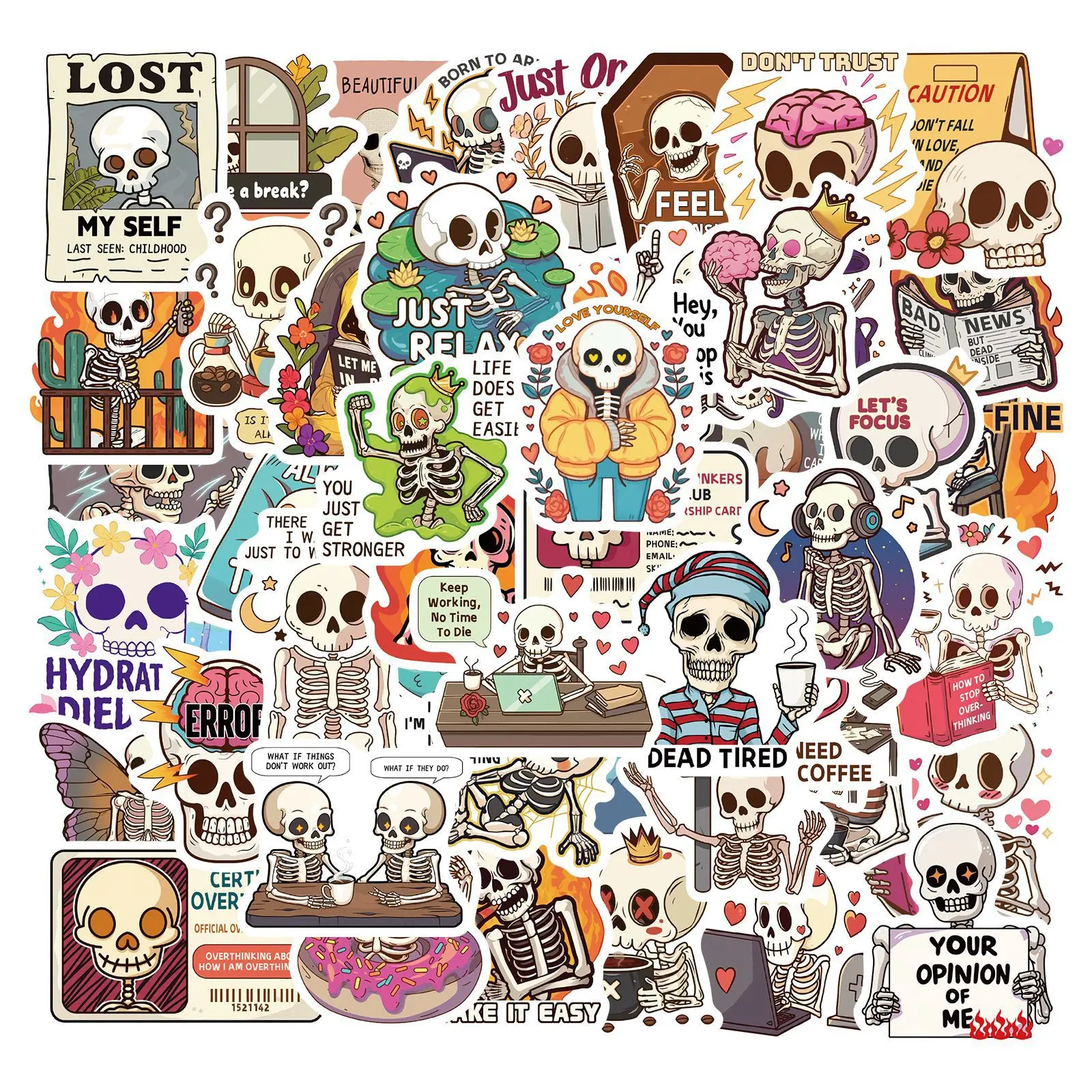 50 Pcs Funny Cartoon Skeleton Waterproof Stickers For Luggage Skateboard Phone Wall Car Diy