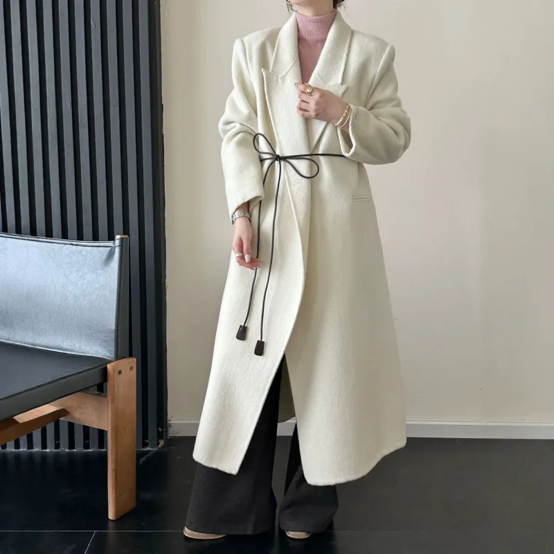 EAEOVNI 기품 있는 100% 울 롱코트 여성 패션 솔리드 컬러 레이스업 디자인 오피스 레이디 재킷 2025 가을 겨울 신상