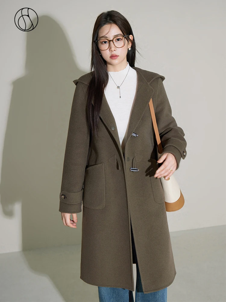 DUSHU 100% Wool Office Lady Hooded Design Casual Horn Button Woolen Jackets Olive Green 2023 Winter Loose Long Retro Wool Coats