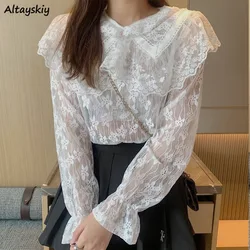 Sweet Peter Pan Collar Shirts Women Lace Patchwork Tender French Style Fashion Basic Stylish Popular Camisa Mujer All-match Tops