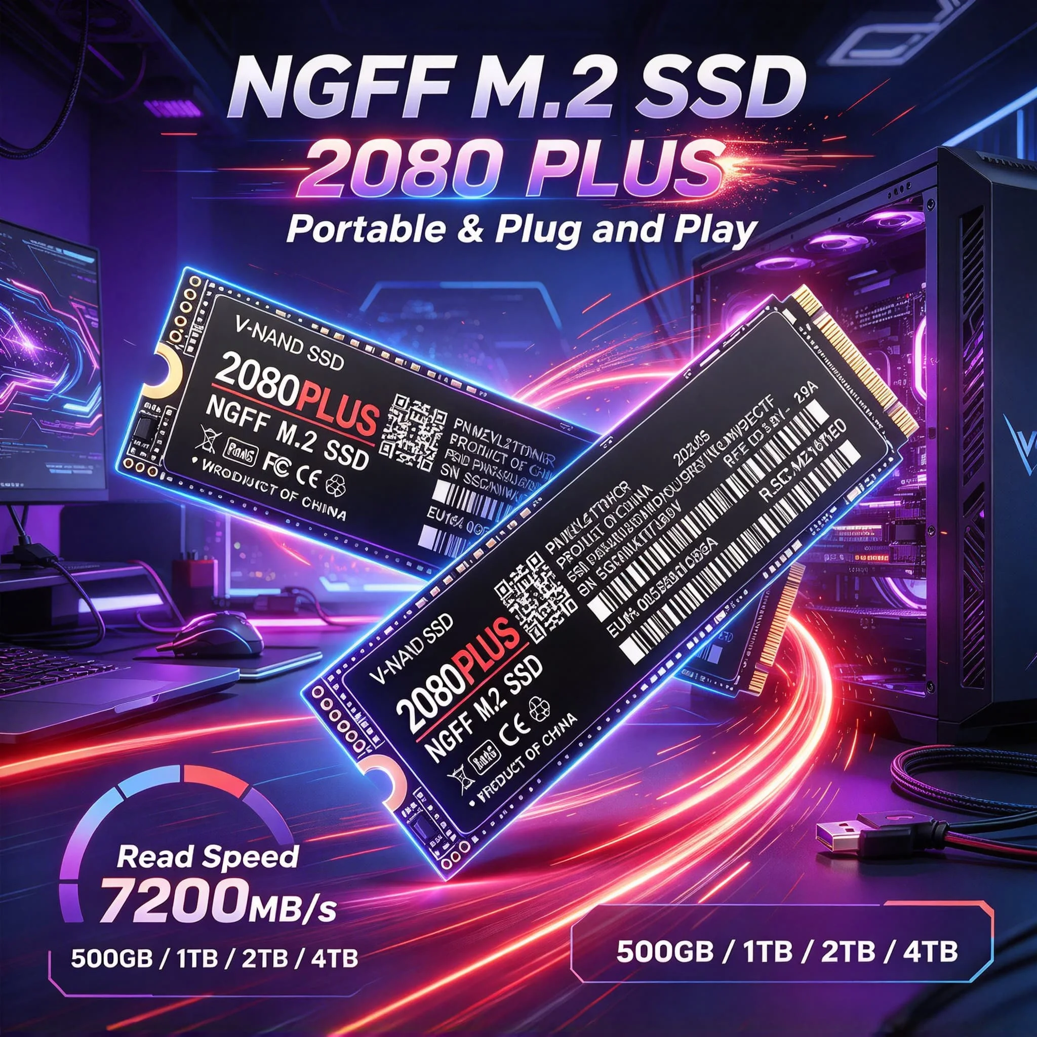 2080 PLUS M2 NGFF 2280 PCIe Internal SSD 500GB 1TB 2TB 4TB Reliable Endurance Solid State Disk for Laptop File Backup Media Stor