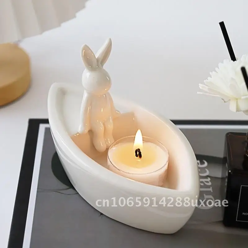 

Creative Boat-shaped Ceramic Cartoon Rabbit Candle Holder Aromatherapy Powder Decorative Simple Bunny Ornaments