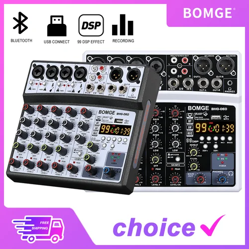 Mezclador de Audio profesional de 4, 6 canales, 99DSP, consola mezcladora de grabación BT con interfaz USB, tarjeta de sonido, 48V, PC, MP3, grabación de DJ