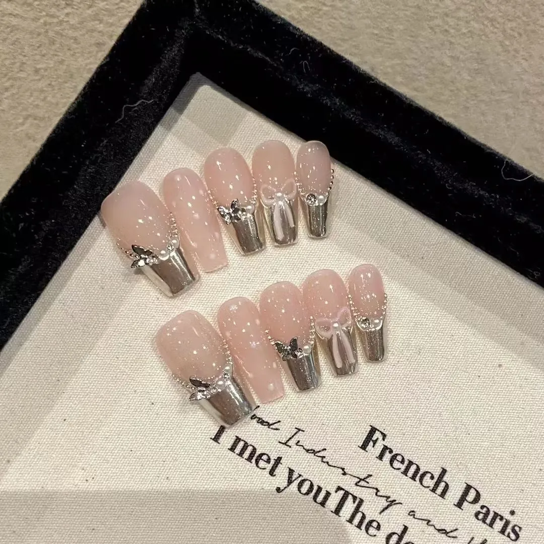 10pcs Pure Hand Pressed Medium Coffin Nail Art, Beautiful Fake Nails,Sparkling Butterfly Y2K Style，Suitable For Women To Use
