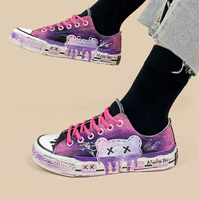 Amy and Michael Cute Girls Students Flat Casual Sneakers Graffiti Hand Painted Canvas Shoes Tennis Female Woman Vulcanize Shoes