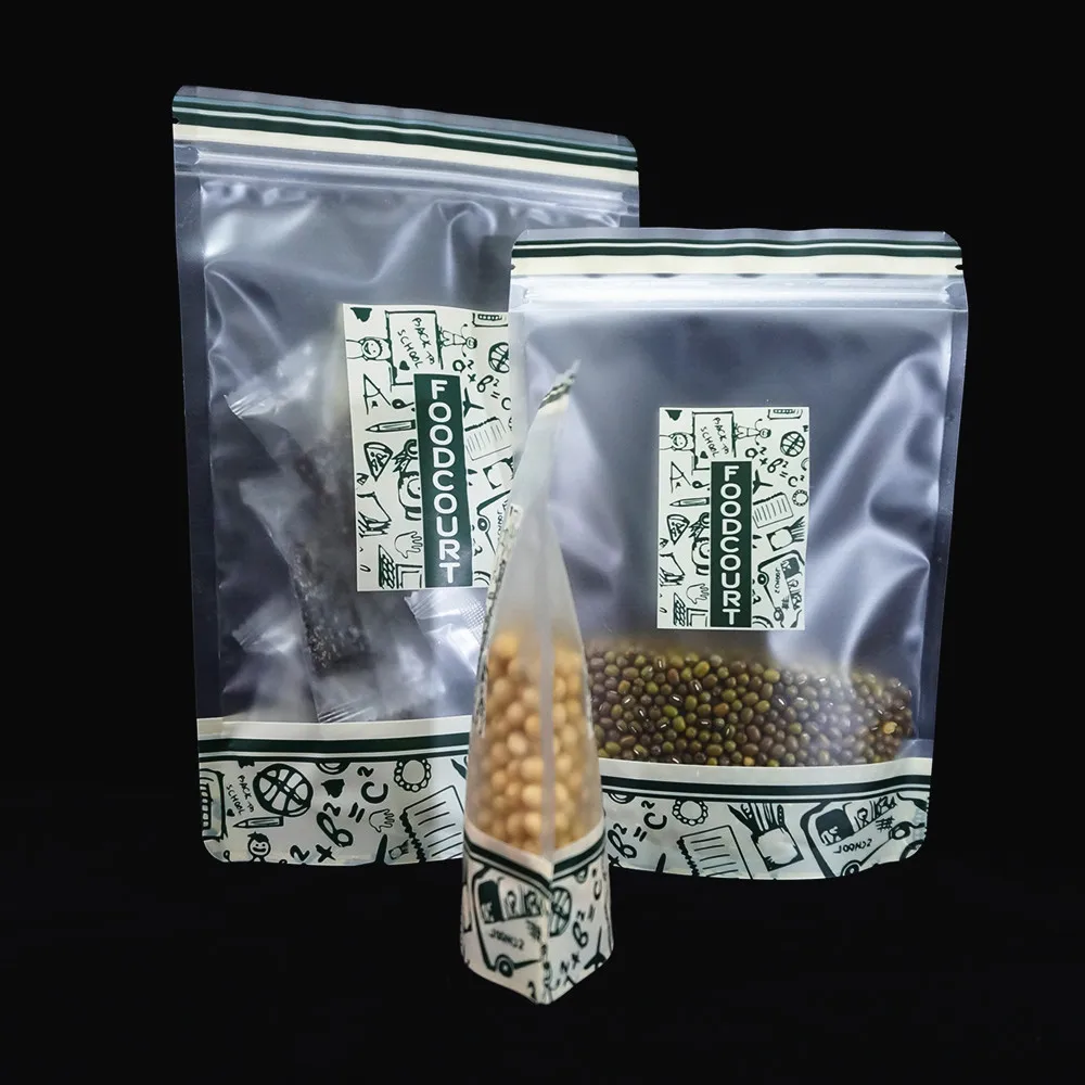 100pcs Matte Transparent Stand Up Zip Lock Bags with Green Pattern Printing - Zipper Grip Resealable Plastic Pouch Candy Package