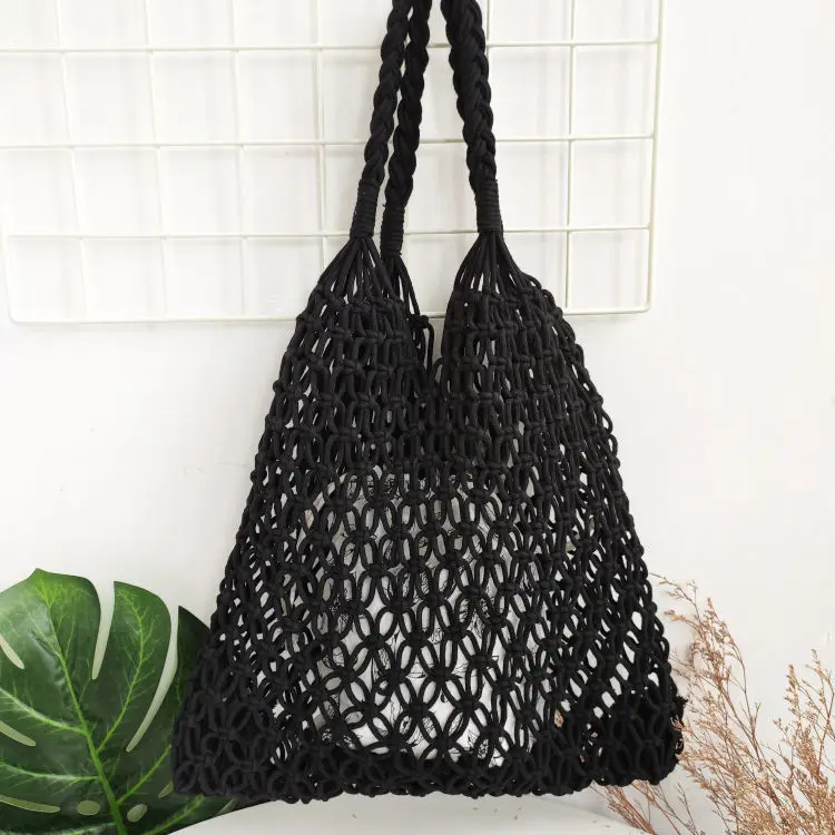 Women Bag Bucket Cotton Beach Bag Woven Bag Casual Hollow Out Solid SOFT High-Capacity Shoulder Bag Handbag