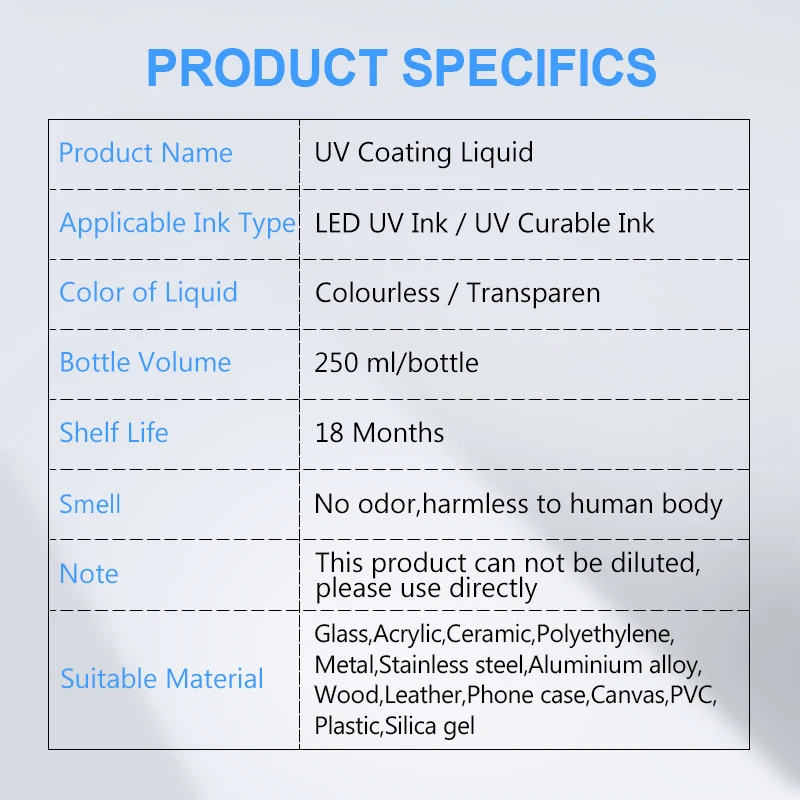 Solución de pretratamiento UV fluida para impresora plana, sin olor, para vidrio, madera, Metal, cuero, cerámica y PVC, 250ML