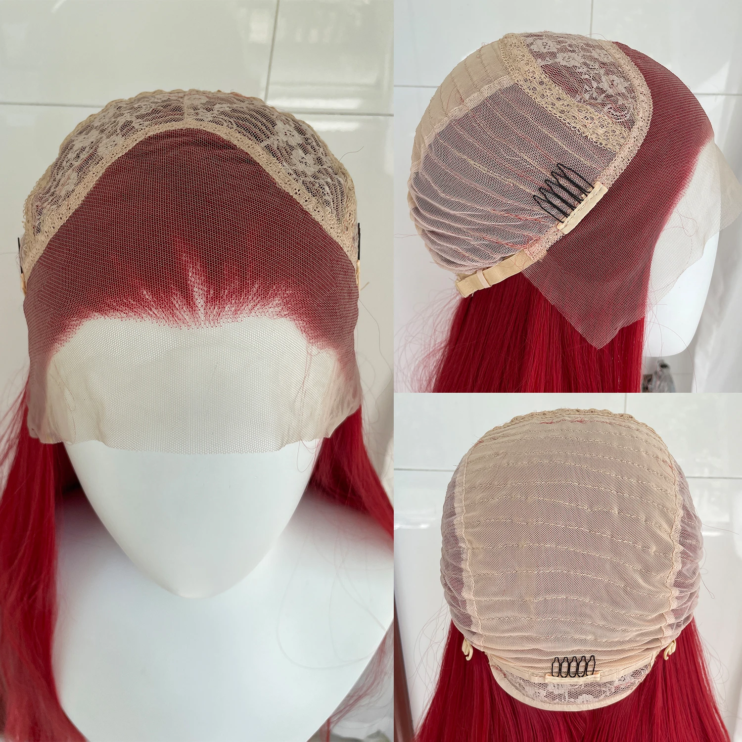 Hellrote 13x4 synthetische Lace-Front-Perücken für Frauen, 66 cm lange, gerade synthetische Perücken, Halloween-Cosplay-Perücken, 150 % Dichte – Detail 4