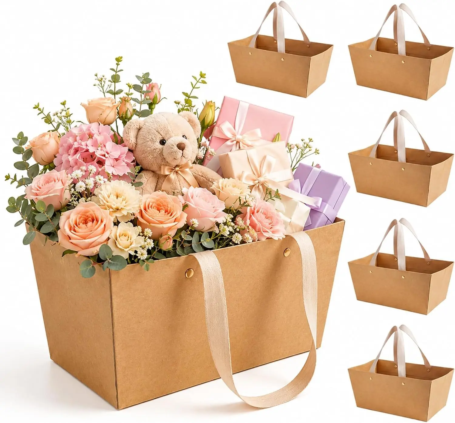 DIY Kraft Cardboard Basket with Handle Gift Packaging Container for Christmas Thanksgiving Wedding Valentine's Party Decorations