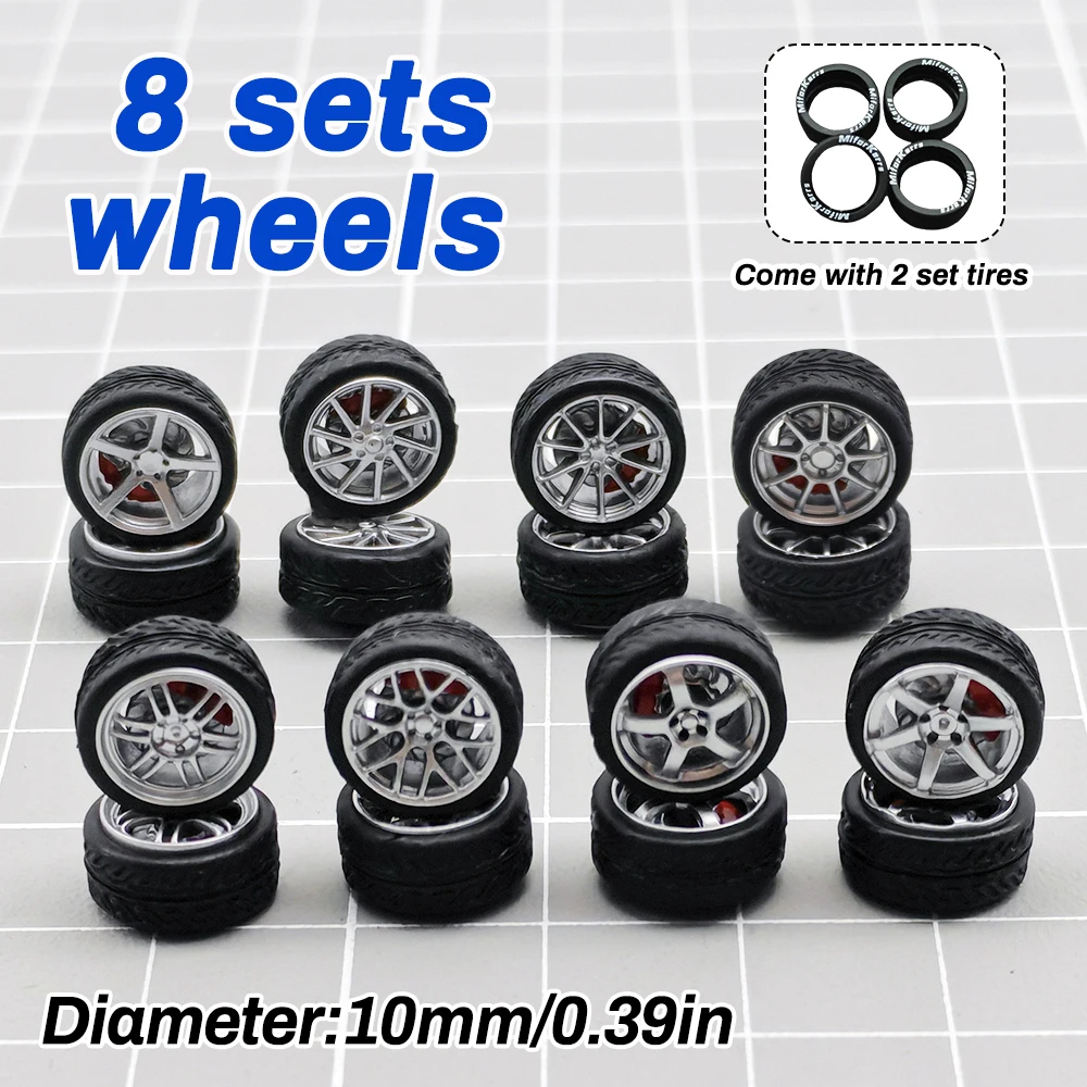 

1/64 Diecast Model Car 8 Sets ABS Wheels with 2 Sets Rubber Tire Brake Disc Refitting Parts Diameter 10mm For Model Car Tomica