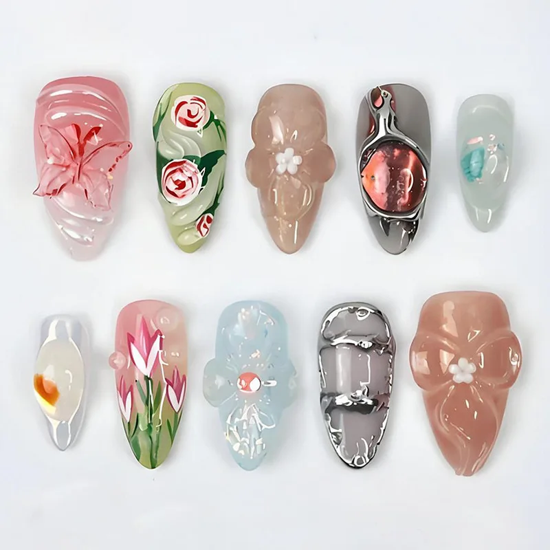 

30PCS 3D Floral Press on Nails Almond Shape Red Blooming Gel Metallic Feel Fake Nails Advanced Removable Artificial False Nails