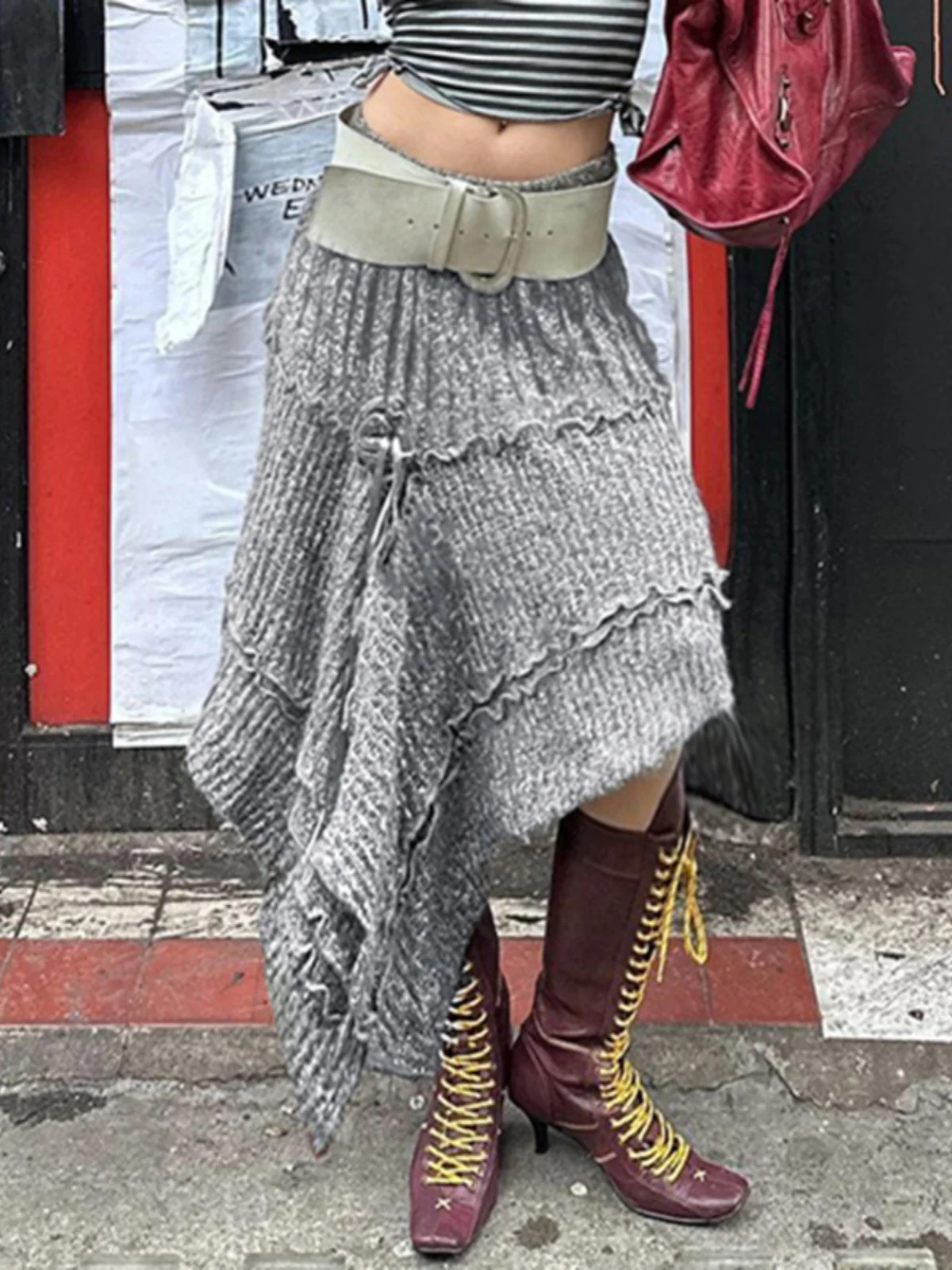 

Grey Knitted Skirts for Women Fashion Vintage Streetwear Skirts Solid High Waist Split Midi 2025 New Autumn Winter Skirts