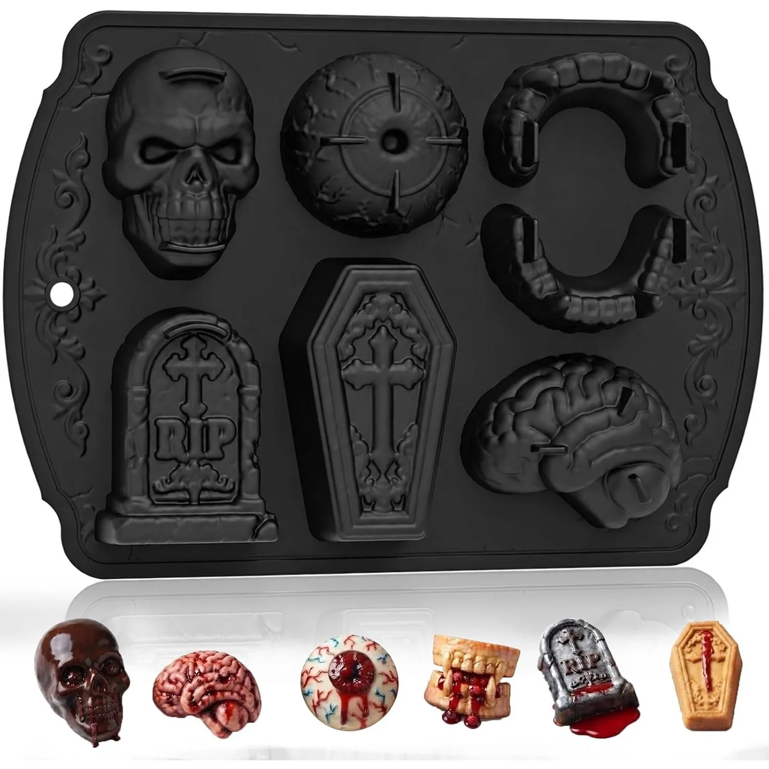 Skull Cake Pizza Pan 6 Spooky Shapes Halloween Silicone Baking Mold