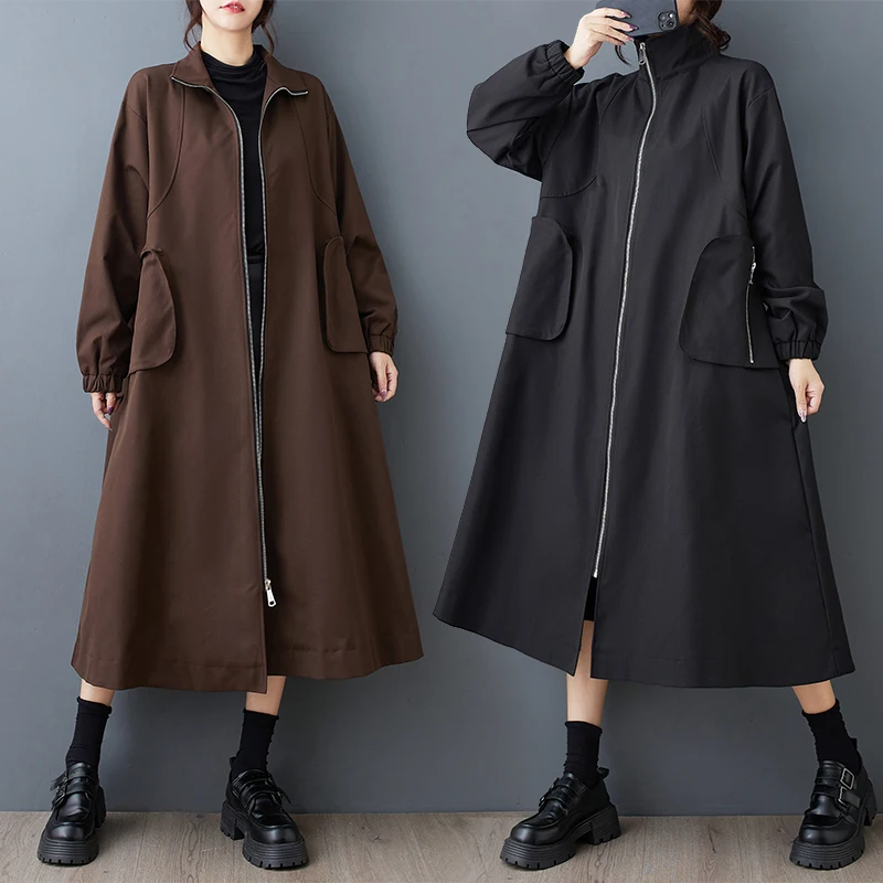 

Ele длинная молния с высоким воротником, однотонное женское пальто, весенне-осенний дизайн, повседневное Faion Commute Sle Lantern Sve