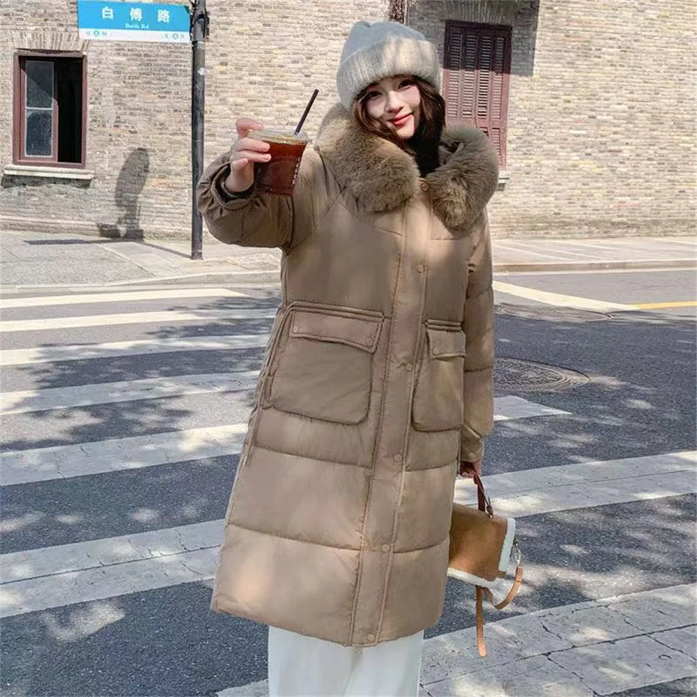 2024 New Fashion Women's Winter Clothing Thickened Hooded Large Hair Collar Long Solid Color Cotton Coat Solid Color Winter Top