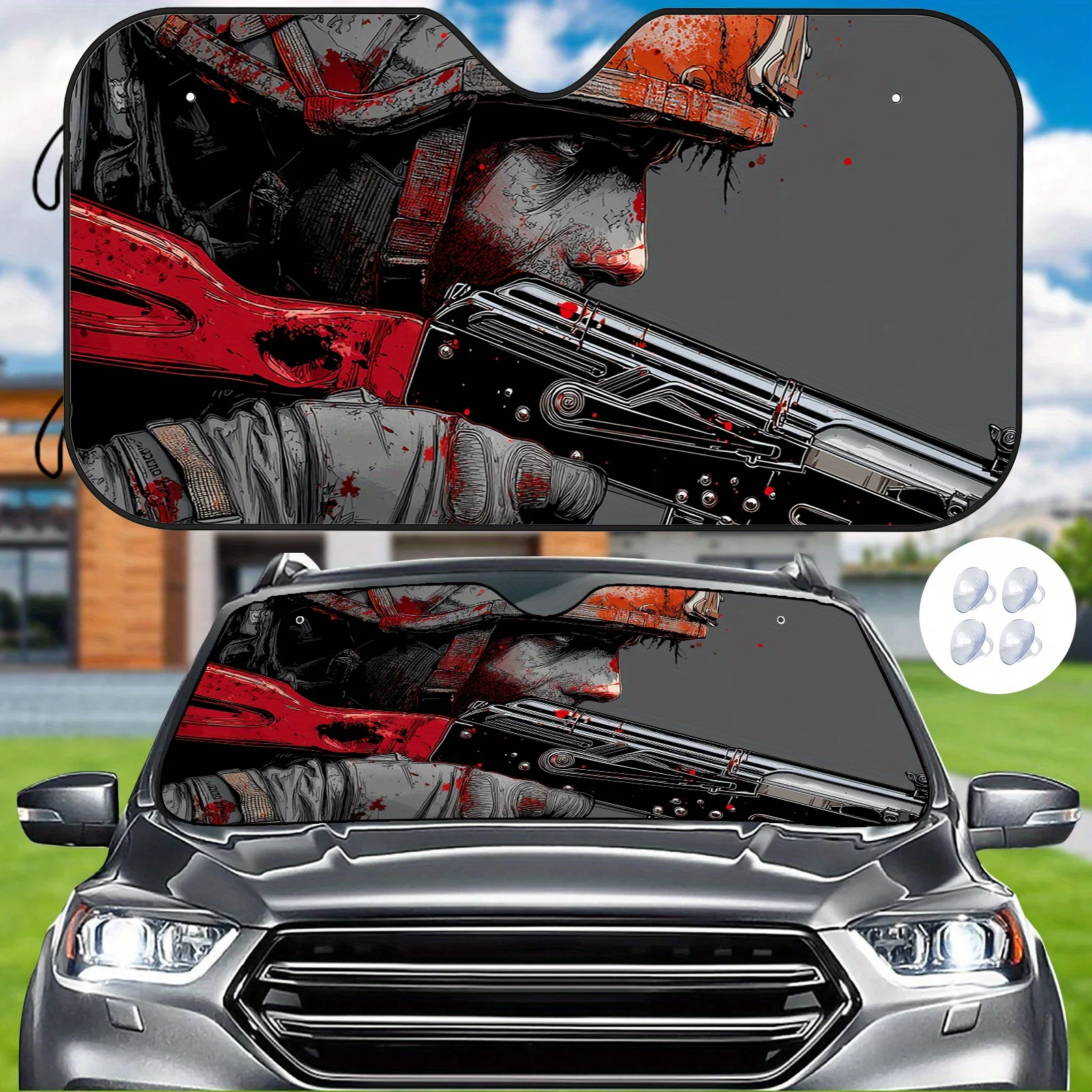 

Warrior Pattern Car Sunshade, Heat Insulation And Cooling, Keeps The Interior Cool, Includes 4 Suction Cups, Hard Core War Eleme
