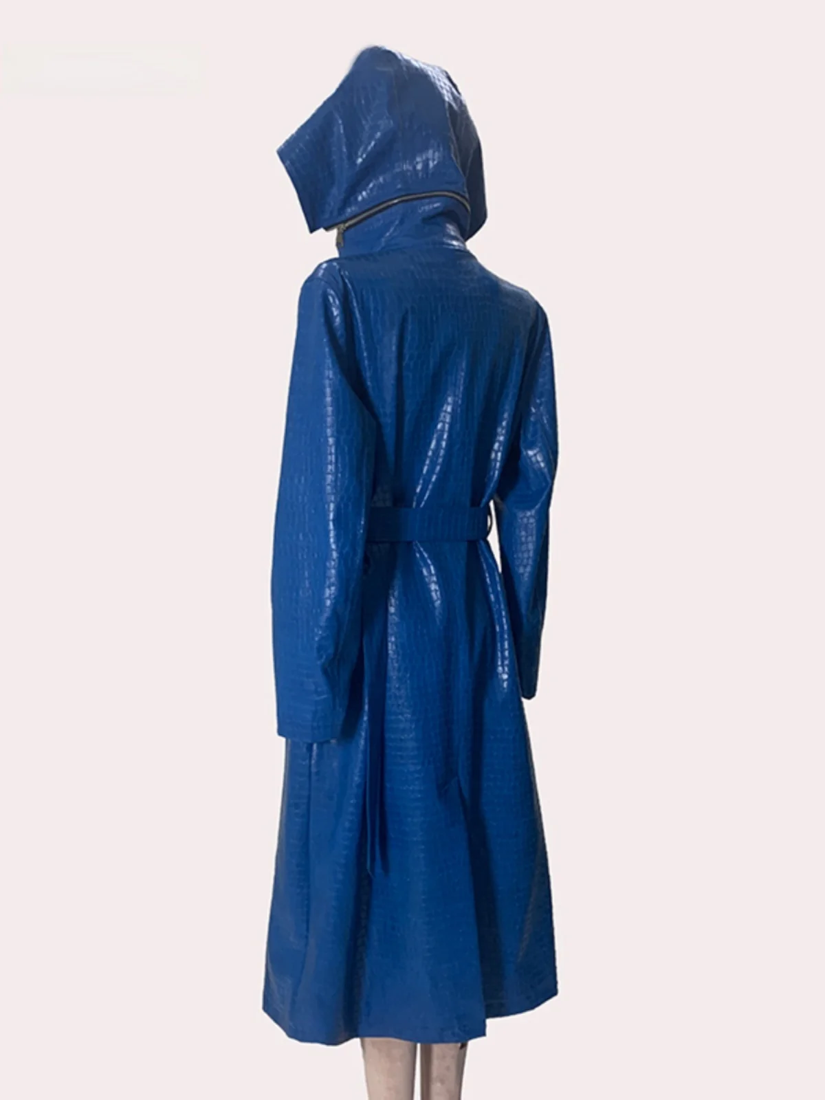 Blue Shiny Alligator Pattern PU Leather Jacket Women's Long Loose High-End Feel Coat Detachable Cap Commute Style Fashionable