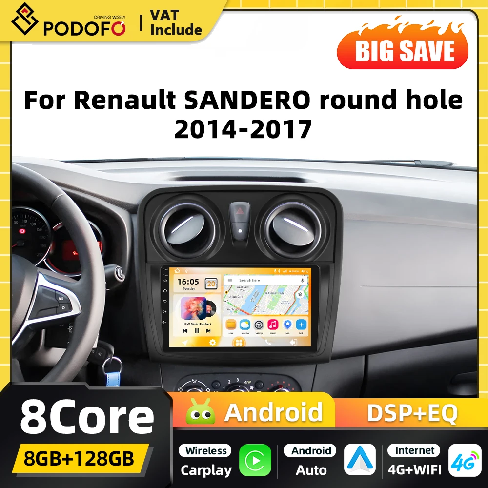 Podofo 8+128G 2din Android Autoradio Stereo für Renault SANDERO 2014-2017 Carplay Autoradio GPS-Navigation Android Auto WIFI DSP FM-Empfänger RDS