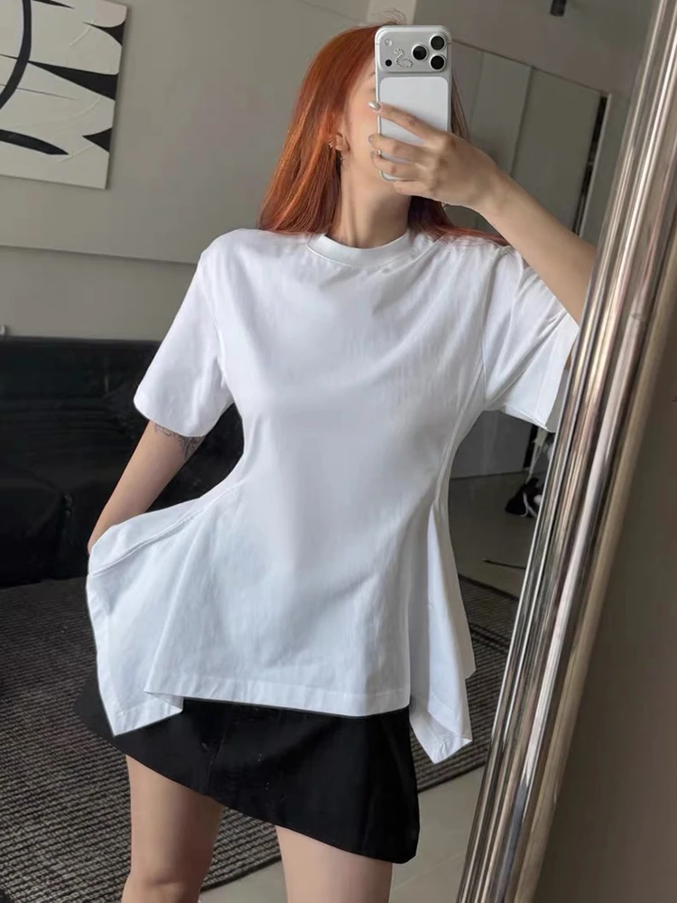 Women Waist Cinched Irregular Solid T-Shirt Round Neck Short Sleeve Split Hem Slim Fit Korean Summer Casual Basic Street Tops