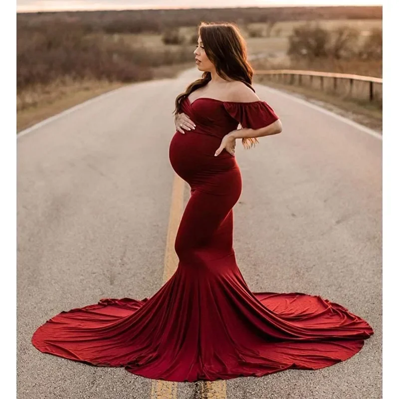 Women Temperament Pregnant  Ruffle Sleeve Cross V Neck Photography Trailer Dress Baby Shower Dresses for Maternity