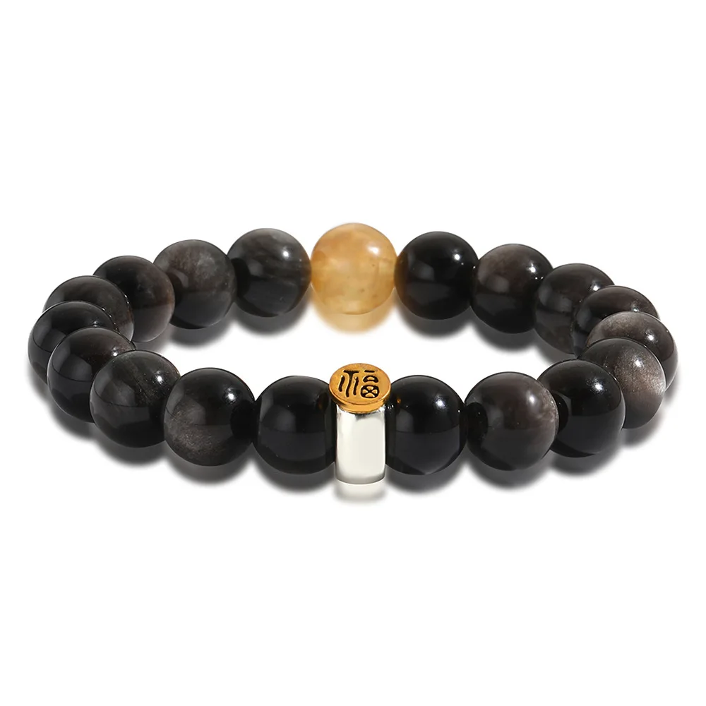 

Браслет из натурального золота 10 мм с обсидианом, буддийская бусина, аксессуар для персонажа удачи, эластичные ювелирные изделия для пары, подарок