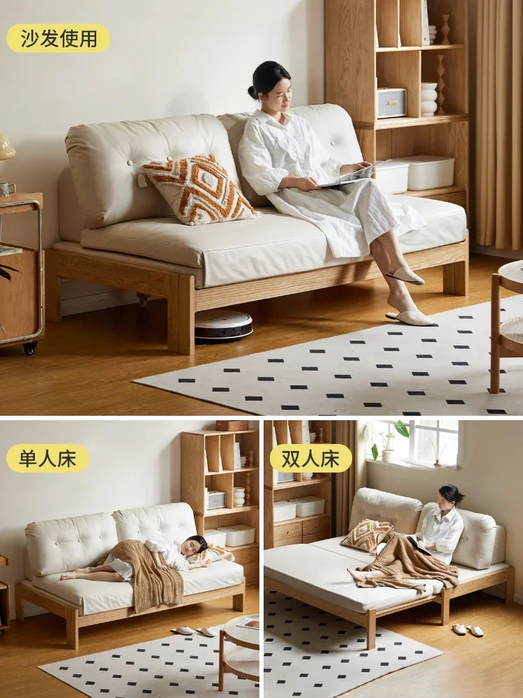 

Solid Wood Sofa Bed Oak Tatami Folding Bed with Rollers Living Room Faux Leather Two-Purpose Sofa