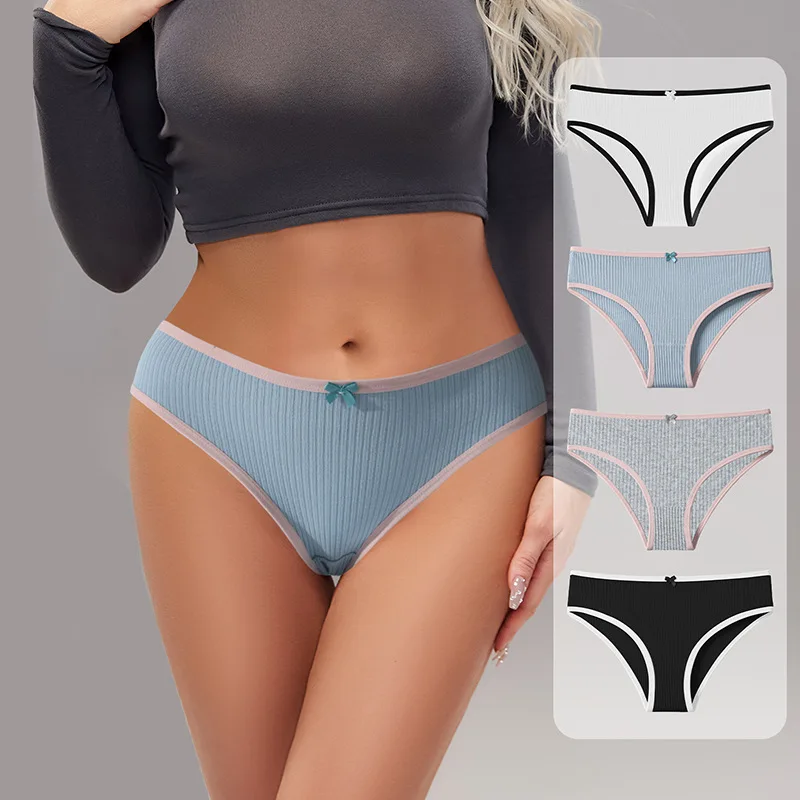 4 teile/satz Frauen Baumwolle Höschen sexy weiche gestreifte Unterhose einfarbige Schleife Mädchen Slips weibliche bequeme Stretch Dessous XS-L