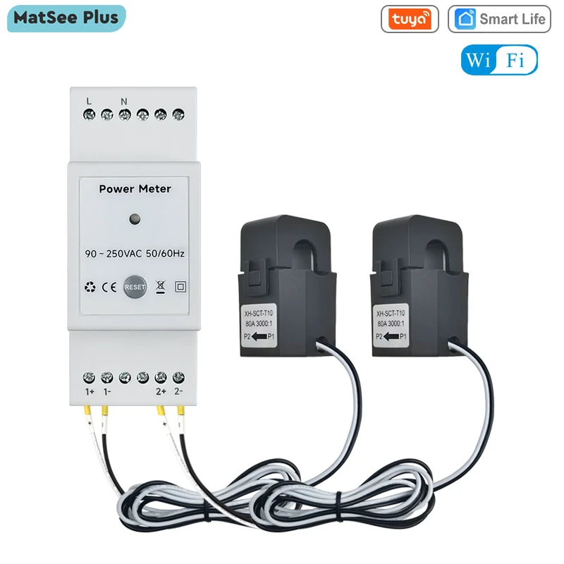 Tuya Smart Life WiFi Energy Meter Bidirectional 2 Channel Din Rail with 80A CT App Monitor Export and Import Power AC110V/240V