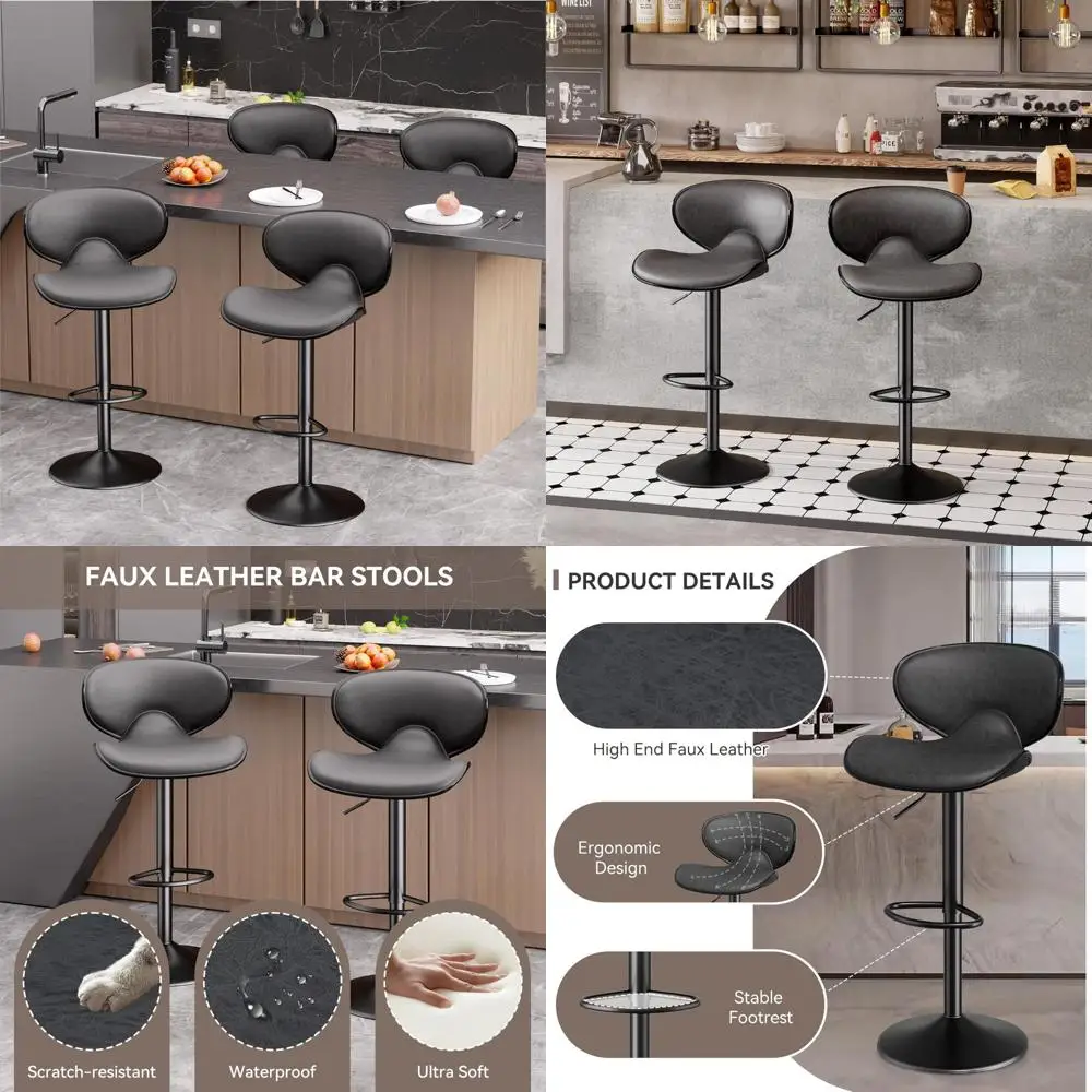 Set of 4 Faux Leather Swivel Bar Stools with Backrest and Adjustable Height for Kitchen Counter