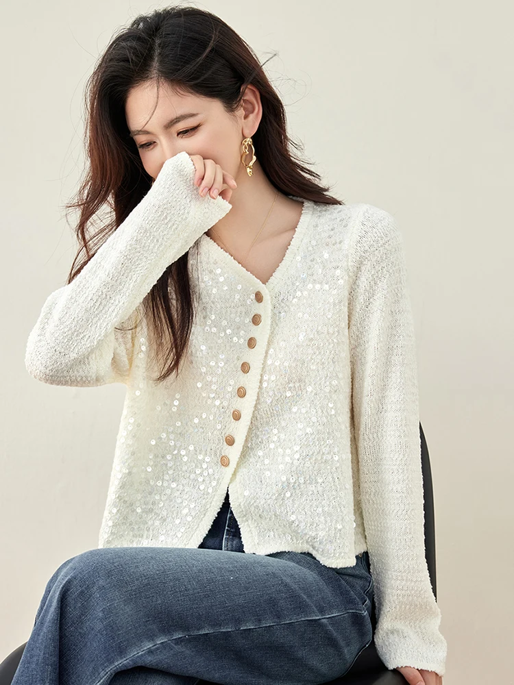 Fashion Sequin Knitted Cardigan 2024 Autumn New Irregular Design V-neck Button Loose Casual Cardigan Long Sleeved Sweater