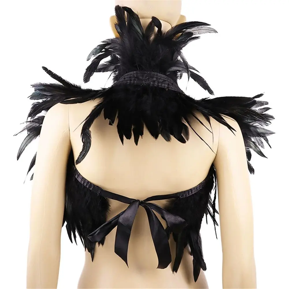 Capa de plumas naturales para mujer, disfraz de maléfica para Halloween, chal gótico con cordones, cuello encogimiento de hombros, moda