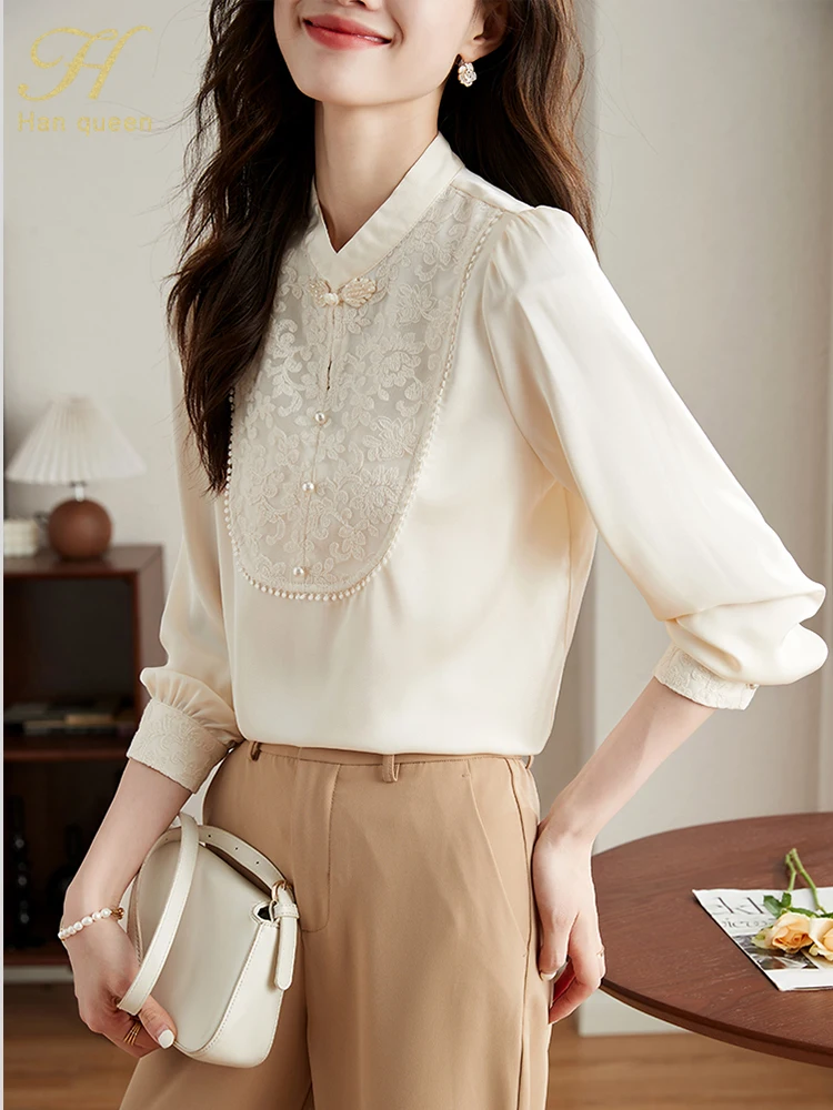 H Han Queen New Autumn Vintage Office Blouse Female Shirt Lace Embroidery Beads Tops Long Sleeve Casual Women Loose Blouses