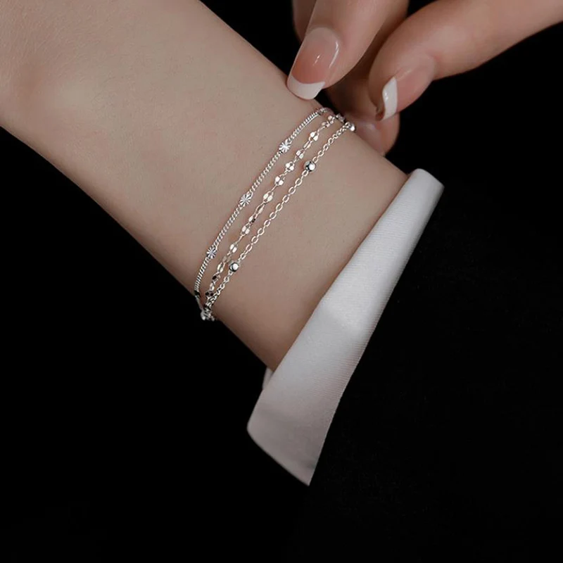 Glittering Three-Layer Bracelet Geometric Beads Sequin Hand String New 925 Silver Bracelet Summer Fashion Jewelry KOFSAC