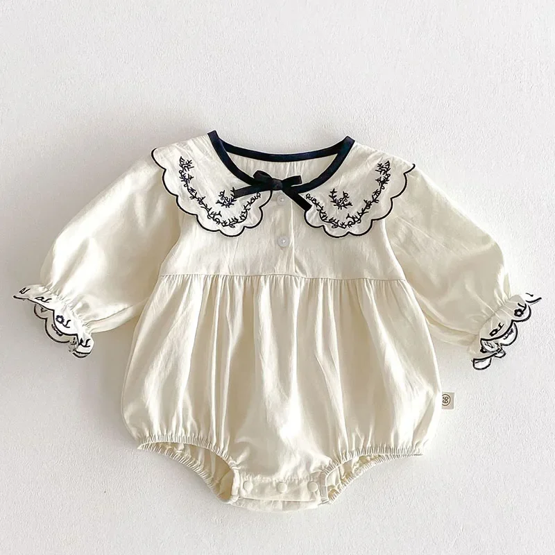 2025 New Spring Korean Style Climbing Suit Long Sleeved Cotton Embroidery Toddler Baby Girls Bodysuits Children Clothes